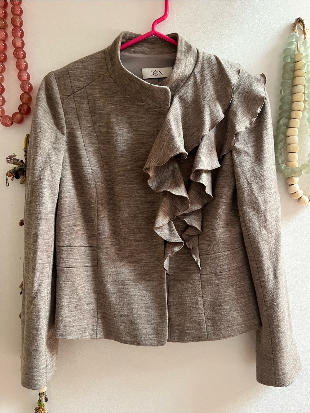 Teri Jon Taupe Ruffle Front Blazer